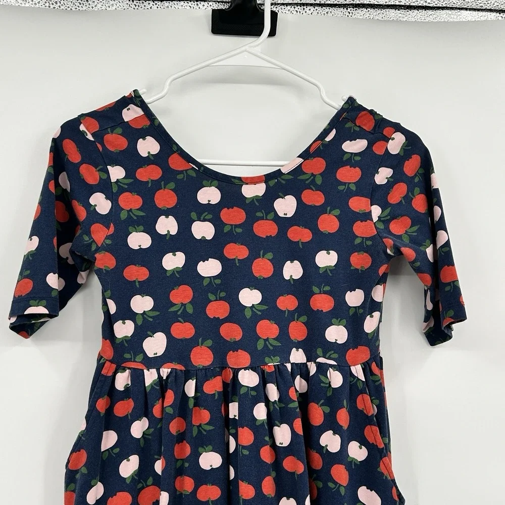 Hanna Andersson Twill Apple Print Skater Dress Size 12 150 cm Pockets Navy BLue